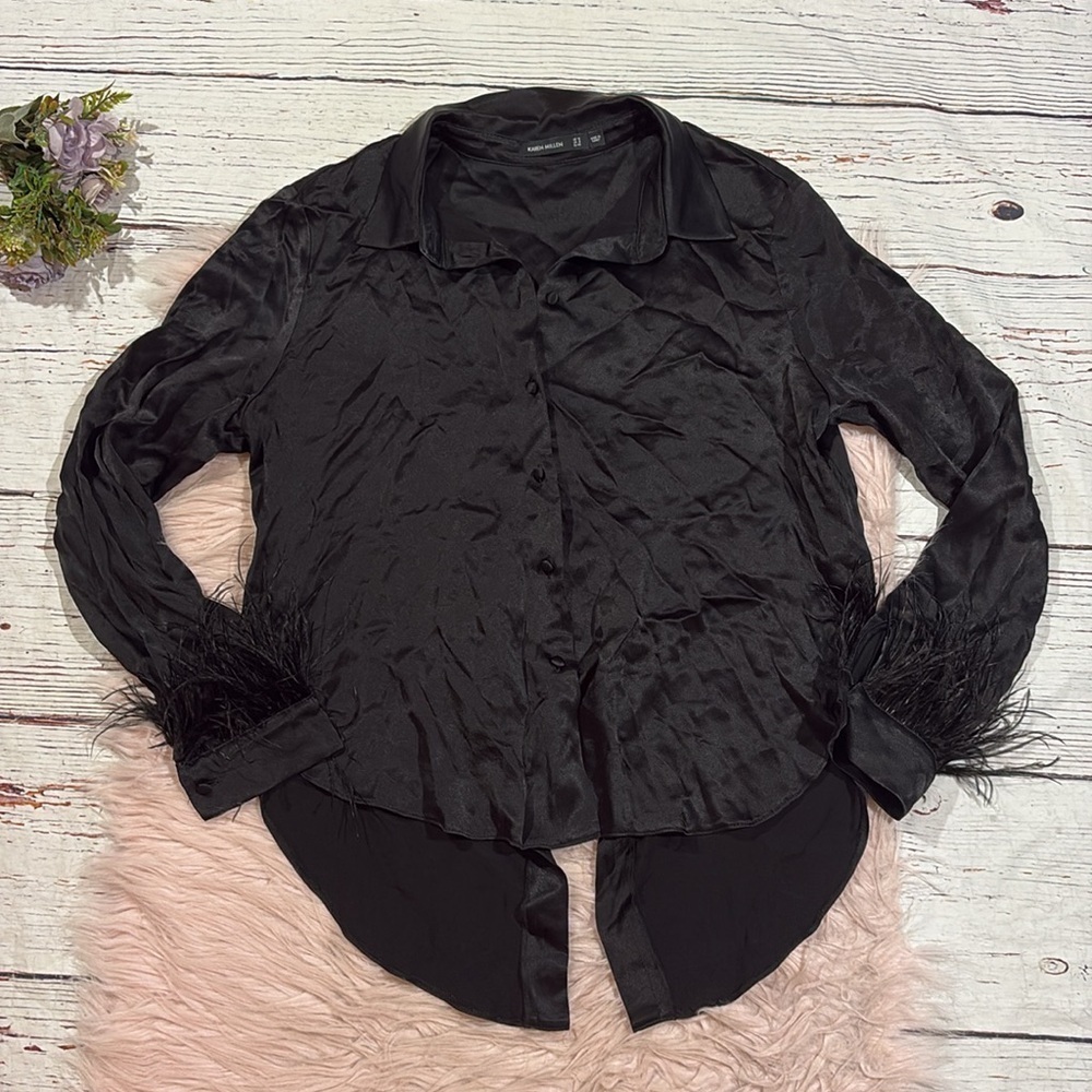 Karen Millen Satin Crepe Feather Trim Black Layered Black Blouse